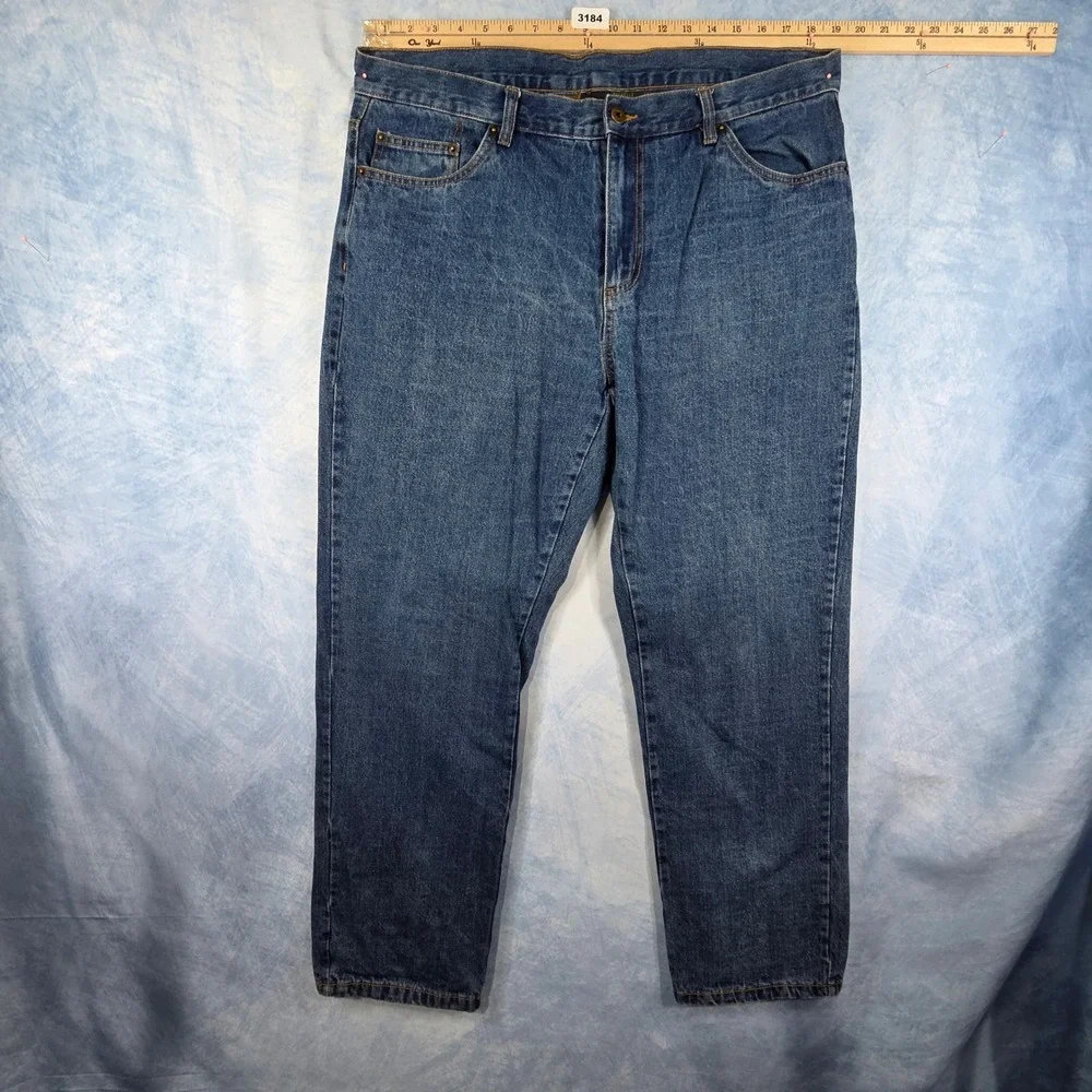 Adventuridge Mens Flannel Lined Jeans 38x32 Medium Wash Blue Denim Plaid Lining